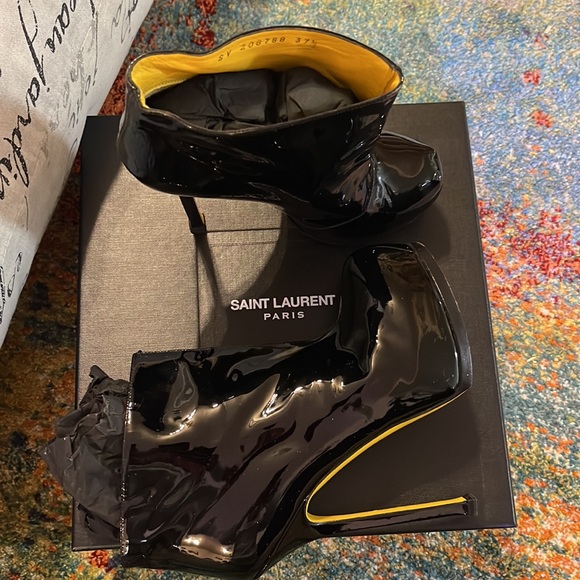 YSL AUTHENTIC Boots black patent high heeled booties with yellow soles! - Picture 3 of 13